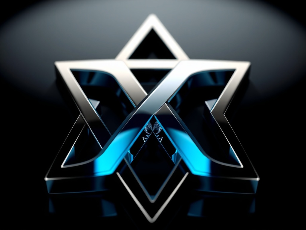 Detailed macro of a logo mark: interlocking geometric shapes made of polished chrome and translucent blue glass, soft reflections, dark gradient background, 8k photorealistic.
